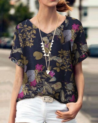 Plant Print V Neck Short Sleeve Casual Blouse