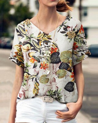 Plant Print V Neck Short Sleeve Casual Blouse