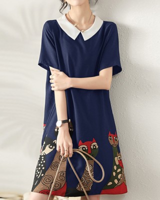 Cartoon Cat Print Contrast Peter Pan Collar Short Sleeve Dress