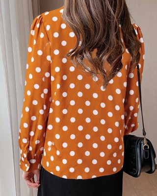 Polka Dot Contrast Color Lapel Button Long Sleeve Casual Shirt