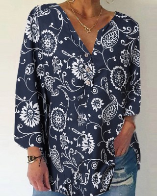 Print Button Long Sleeve Casual Blouse